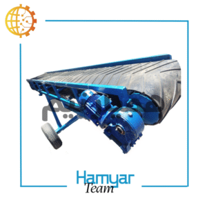 5-meter bulk loading conveyor with Chevron belt, custom width 40–100 cm, heavy-duty steel frame, equipped with Motogen motor and worm gearbox; industrial angled perspective.