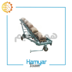 Conveyor for bag and carton loading, 6-meter PVC belt, adjustable width 40–100 cm, side angle view, HamyarTeam industrial conveyor.