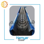 نوارنقاله بارگیری فله ۵ متری اجدار با شاسی پروفیل سنگین، تسمه Chevron، عرض ۴۰–۱۰۰ سانت، موتور موتوژن، گیربکس حلزونی سهند؛ نمای نزدیک از جزئیات تسمه.