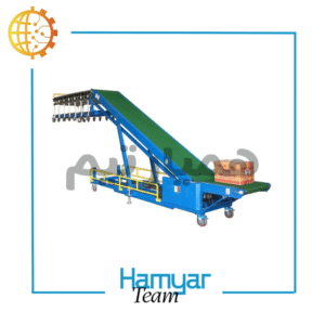 6m adjustable-width conveyor for packages, PVC belt, Electrogen motor + worm gearbox, top–side angle photo, HamyarTeam.
