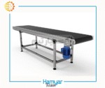 Stainless steel conveyor belt 2 meters long, 50 cm wide, with PVC belt and gear motor, designed by HamyarTeam Machinery for industrial product transfer