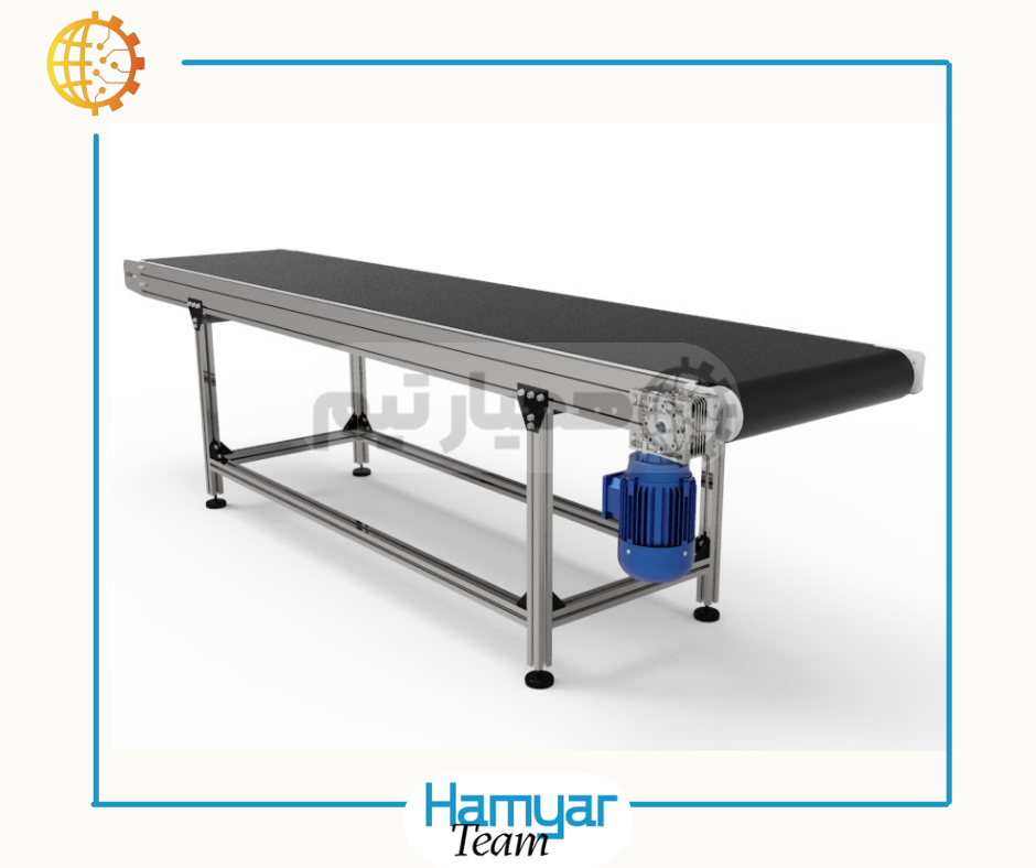 Stainless steel conveyor belt 2 meters long, 50 cm wide, with PVC belt and gear motor, designed by HamyarTeam Machinery for industrial product transfer
