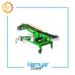 تصویر نوارنقاله بارگیری بسته ۸ متری با عرض سفارشی ۴۰ تا ۱۰۰ سانت، مجهز به تسمه PVC گریپ، موتور موتوژن و گیربکس حلزونی شافت مستقیم، مناسب حمل گونی و کیسه، نمای سه‌ربع از زاویه جانبی.