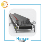 نوارنقاله بارگیری فله 10 متری با طول 10 متر و عرض سفارشی ۴۰–۱۰۰ سانت، مجهز به تسمه اجدار Chevron Belt برای حمل شن و ماسه و مصالح معدنی، نمای از زاویه جانبی در محیط کارگاهی.