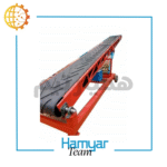 نوارنقاله بارگیری بسته ۷ متری با تسمه PVC و عرض دلخواه، مناسب حمل گونی و بسته، موتور الکتروژن، نمای جانبی.