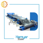 نوارنقاله بارگیری فله ۴ متری با تسمه اجدار، شاسی فولادی، عرض ۴۰ تا ۱۰۰، موتور موتوژن، گیربکس حلزونی، نمای صنعتی دقیق از تسمه و بخش محرک.