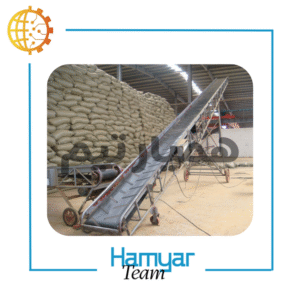 نوارنقاله ۱۲ متری بسته، عرض ۴۰–۱۰۰ سانت، تسمه Grip، شاسی فولادی، موتور و گیربکس حلزونی، زاویه دید نیمرخ، مناسب انتقال پک و کیسه، تصویر واقعی کارگاه