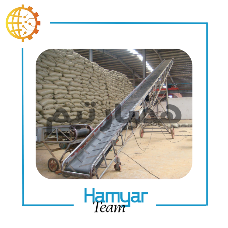 نوارنقاله بسته، عرض ۴۰–۱۰۰ سانت، تسمه Grip، شاسی فولادی، موتور و گیربکس حلزونی، زاویه دید نیم‌رخ، مناسب انتقال پک و کیسه، تصویر واقعی کارگاه