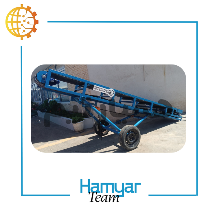 نوارنقاله بارگیری بسته ۶ متری با تسمه PVC، شاسی صنعتی، شیب‌دار چرخ‌دار، موتور الکتروژن، عرض ۴۰–۱۰۰ سانت، نمای سه‌ربع.