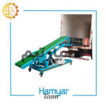 تصویر نوارنقاله بارگیری بسته ۷ متری با عرض سفارشی ۴۰ تا ۱۰۰ سانت، مجهز به تسمه PVC مقاوم در برابر سایش، شاسی پروفیل صنعتی، موتور موتوژن و گیربکس حلزونی، مناسب بارگیری گونی و کیسه، زاویه دید جانبی سه‌چهارم.