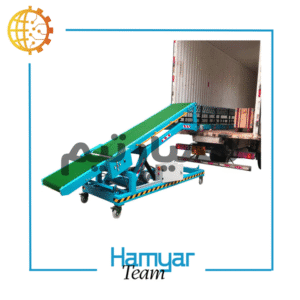 تصویر نوارنقاله بارگیری بسته ۷ متری با عرض سفارشی ۴۰ تا ۱۰۰ سانت، مجهز به تسمه PVC مقاوم در برابر سایش، شاسی پروفیل صنعتی، موتور موتوژن و گیربکس حلزونی، مناسب بارگیری گونی و کیسه، زاویه دید جانبی سه‌چهارم.