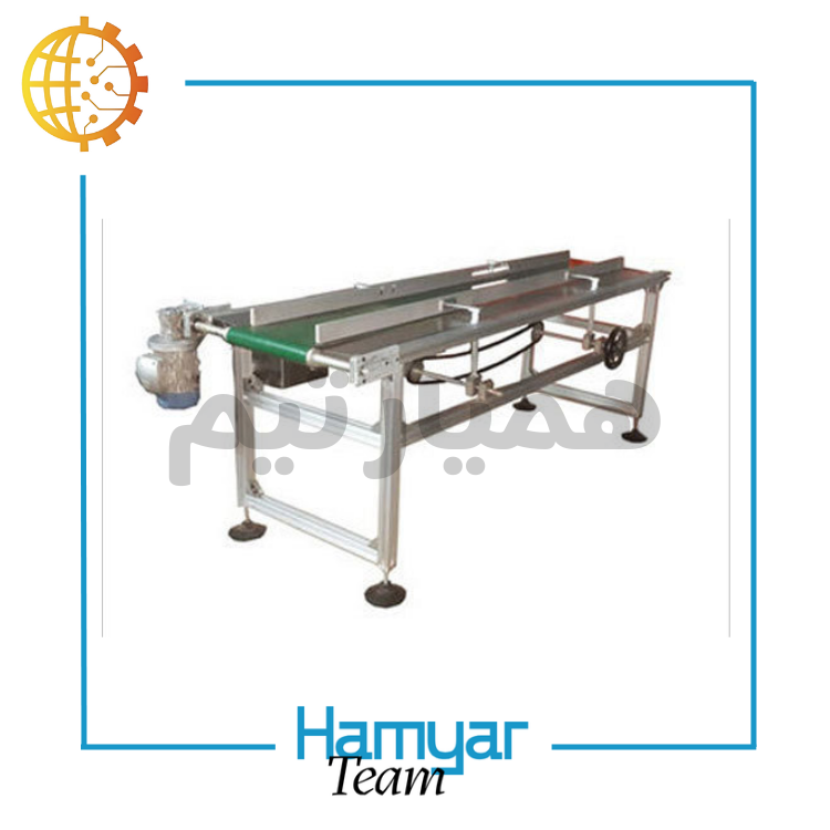 تصویر نوارنقاله جت پرینتر ۱.۵ متری استیل ماشین‌سازی همیار با تسمه PVC، سازگار با چاپگرهای معتبر بازار، مناسب خطوط چاپ تاریخ، طراحی رومیزی یا ایستاده، نوارنقاله استیل با موتورگیربکس صنعتی، سرعت ثابت، عرض قابل‌سفارشی‌سازی ۸.۵ تا ۶۰ سانت و بالاتر، مناسب استفاده B2B و مشتریان کوچک، نمایانگر کیفیت بالای همیارتیم، کانوایر چاپ تاریخ با جزئیات دقیق و نوارنقاله مخصوص جت پرینتر.