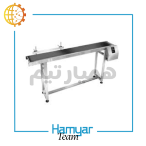 2-meter jet printer conveyor with iron chassis, industrial PVC belt, adjustable width (8.5–60 cm), equipped with industrial gearbox and variable-speed drive. Designed and manufactured by HamyarTeam Machinery, compatible with common inkjet coders in industrial online marketplaces.