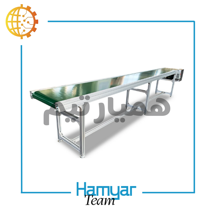 تصویر نوارنقاله جت پرینتر آهنی سفارشی از برند ماشین‌سازی همیار، طول متغیر ۰.۵ تا ۱۵ متر، عرض قابل‌سفارشی‌سازی ۵ تا ۱۰۰ سانت، تسمه PVC و PU با انتخاب مدولار/ماژولار، مجهز به موتورگیربکس صنعتی با سرعت ثابت یا متغیر، مناسب برای کانوایر چاپ تاریخ و خطوط چاپ رومیزی یا ایستاده، سازگار با چاپگرهای معتبر بازار، مناسب مشتریان کوچک و B2B، توصیف دقیق ظاهر و جزئیات صنعتی، اشاره غیرمستقیم به بازارهای آنلاین تجهیزات صنعتی مانند ترب و دیوار.