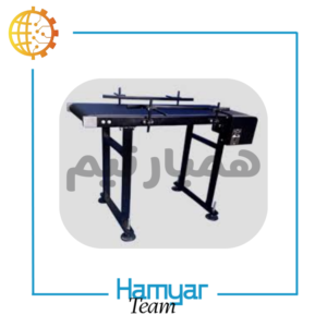 A 1-meter iron-frame jet printer conveyor manufactured by HamyarTeam Machinery, equipped with a durable PVC belt, industrial gear motor, optional PU or modular belt, customizable width from 8.5 to 60 cm, and fully compatible with standard inkjet date coders.
