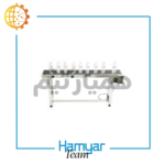 نمای نزدیک از نوارنقاله جت‌پرینتر ۱ متری بدنه آهن با فریم تقویت‌شده، پایه‌های تنظیم ارتفاع، تسمه PVC مشکی با سطح صاف، دیواره‌های کناری باریک، موتورگیربکس نصب‌شده در انتهای شاسی، و ابعاد قابل‌سفارشی‌سازی از ۸.۵ تا ۶۰ سانت. مناسب جت‌پرینترهای تاریخ‌زن و خطوط بسته‌بندی سبک، ساخت ماشین‌سازی همیار.