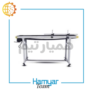 کانوایر چاپ تاریخ ۱.۵ متری بدنه آهنی با تسمه PVC و موتورگیربکس سرعت‌متغیر، مناسب خطوط تولید رومیزی و ایستاده.